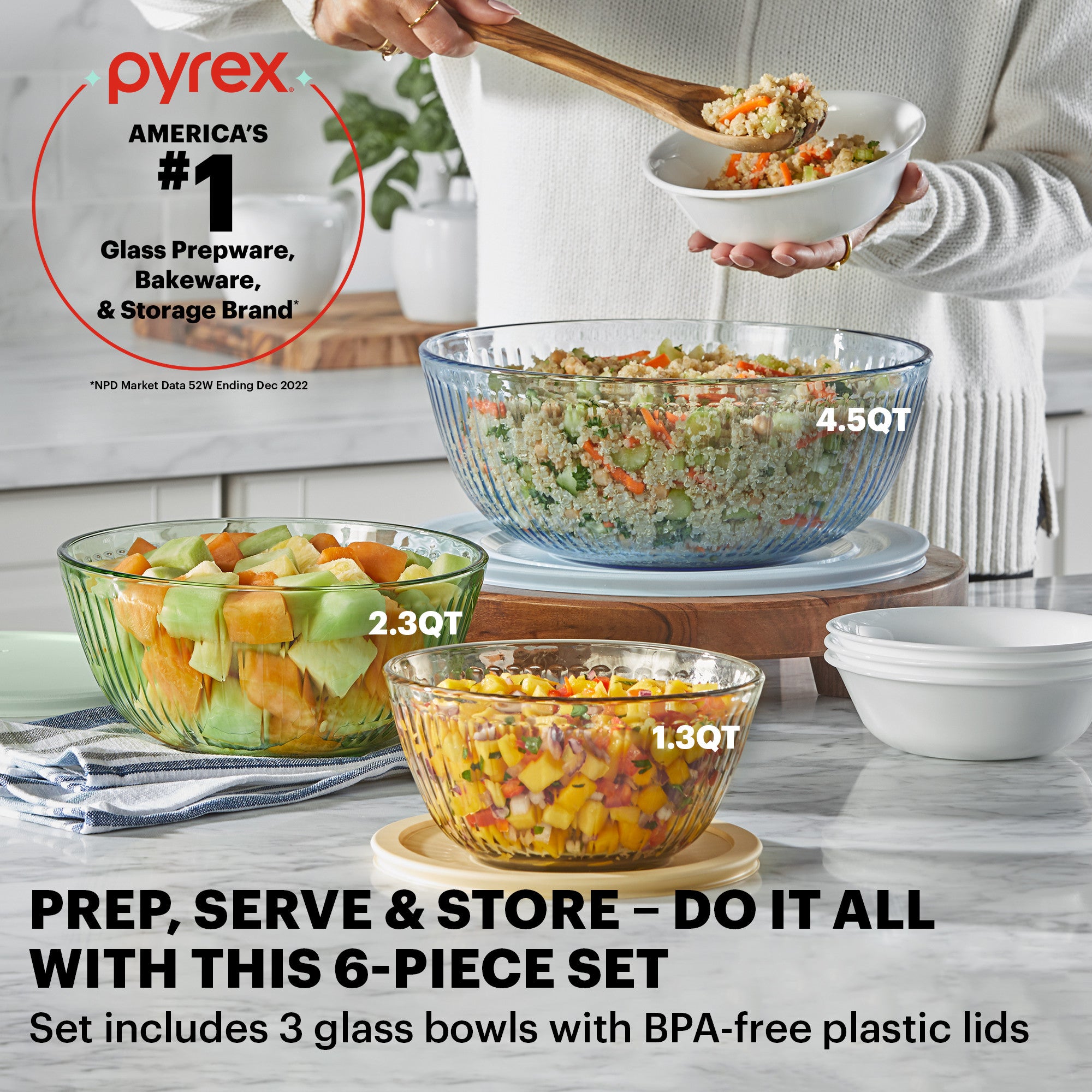Pyrex® Colours Sculpted Mixing Bowl 6 Piece Set (Yellow/Green/Blue)